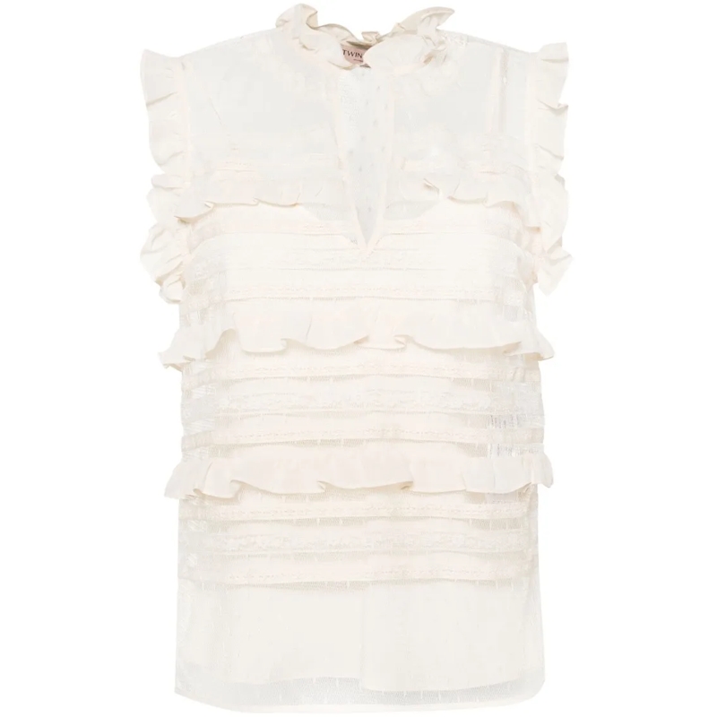 Twin-Set Chemisier Floral-Lace Sleeveless Blouse White