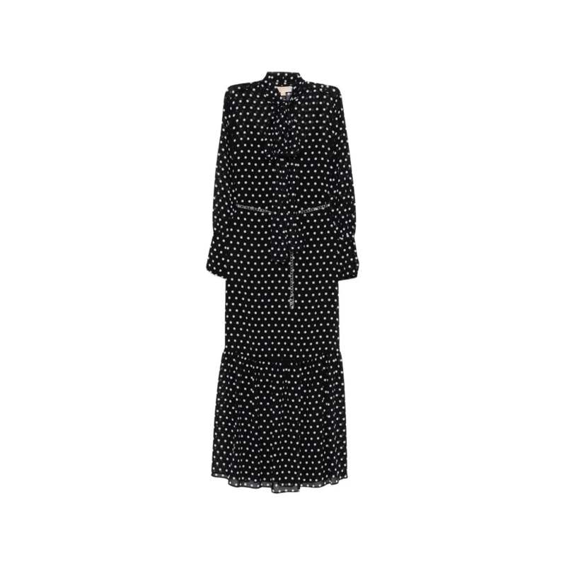 MICHAEL Michael Kors Midi-jurk Polka Dot Midi Dress With Tie-Neck Detail Black