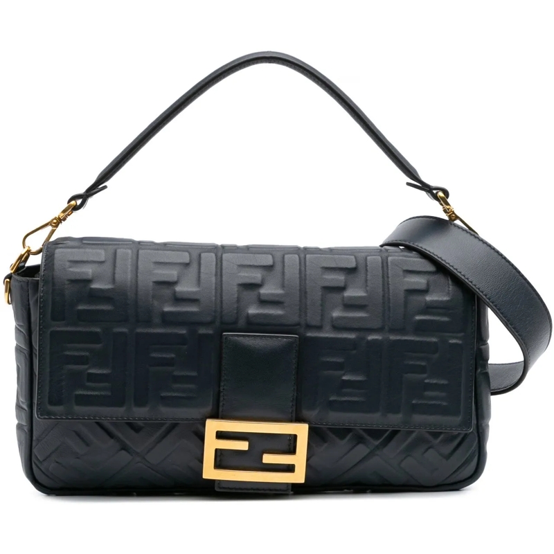 Fendi Schultertasche Large Zucca Embossed Leather Baguette Satchel blau