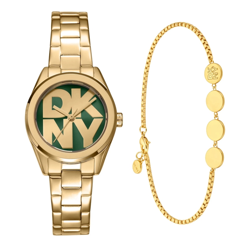 DKNY Quarzuhr Quarzuhr Logo Watch Set- Anzeige: 3 Zeiger- Qua grün