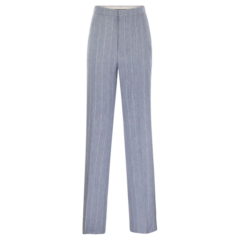 Tagliatore  Pinstripe Trousers In Linen And Stretch Cotton Blue