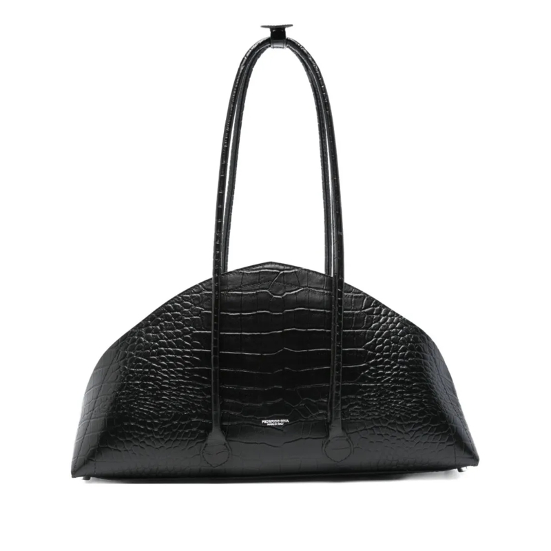 Federico Cina Sac à bandoulière Crocodile-Embossed Calfskin Handbag With Structure Black