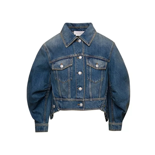 Alexander McQueen Blue Denim Jacket With Distressed Effect And Gathe Blue Jeans