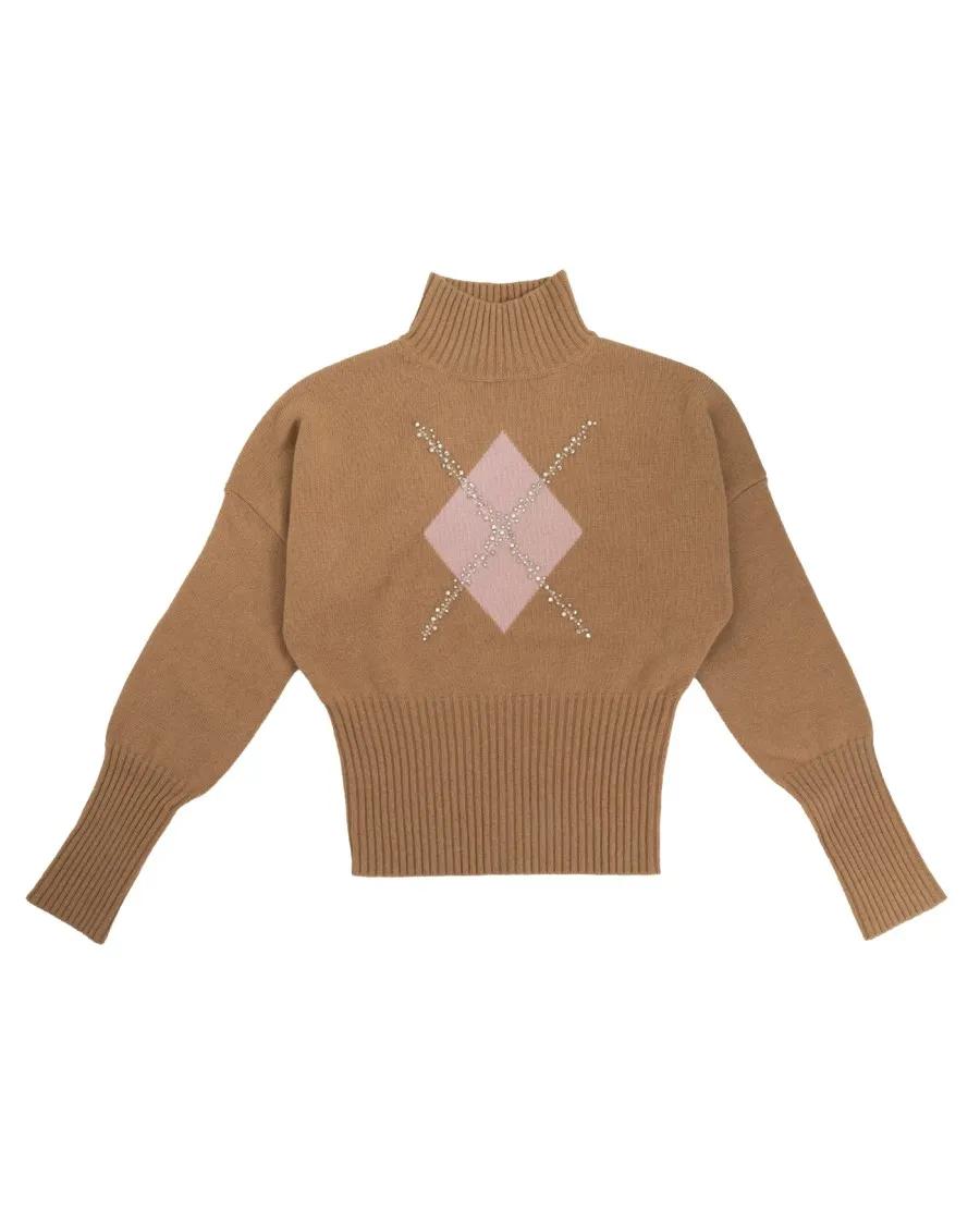 Thumbnail - Max Mara - Diamond Intarsia Polo Neck Jumper - Größe M - braun