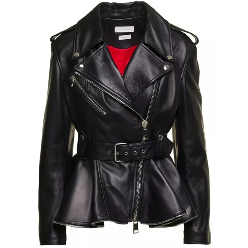 Alexander McQueen Black Biker Jacket With Peplum Hem And Belt In Smo Black 