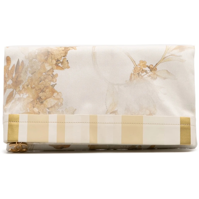 Chanel Pochette XL Printed Canvas and Striped Lambskin Foldover Cl weiß