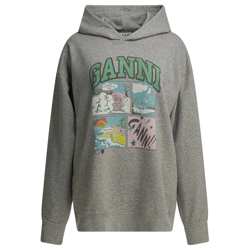 GANNI  Oversized Cotton Hoodie With Playful Graphic Grey