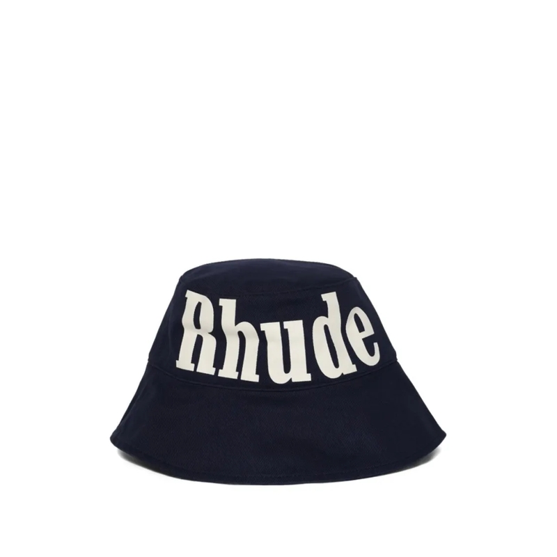Rhude Hoed Bucket Hat With Bold Logo Lettering In Rich Navy B Black