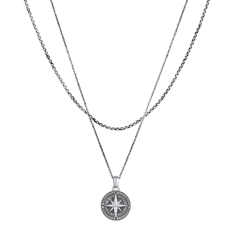 Kuzzoi Mittellange Halskette Halskette Herren Layer Erbskette Kompass 925 Silbe grau