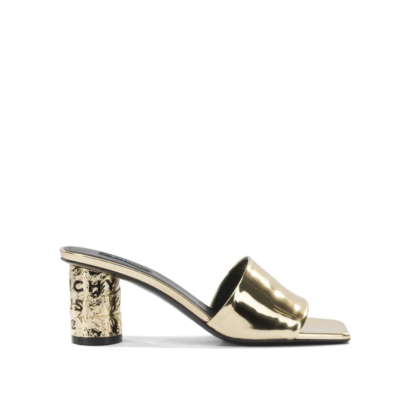 Givenchy Sandales Gold Calf Leather Sandals With Textured Block Heel Neutrals