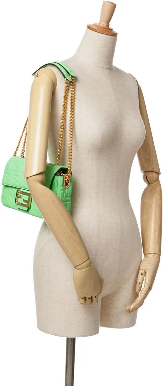 Fendi Hobo bags 2010-2024 Zucca Embossed Leather Chain Midi Baguet in groen