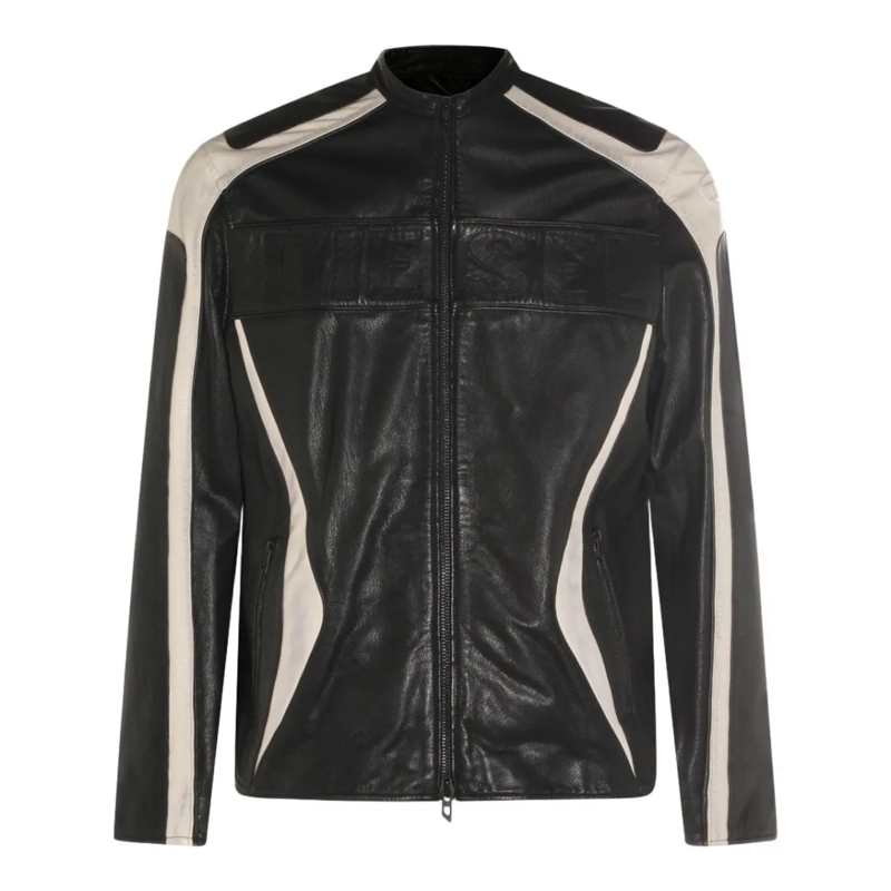 Diesel Bomberjacke Sporty Black Leather Jacket With Contrasting Panel Black