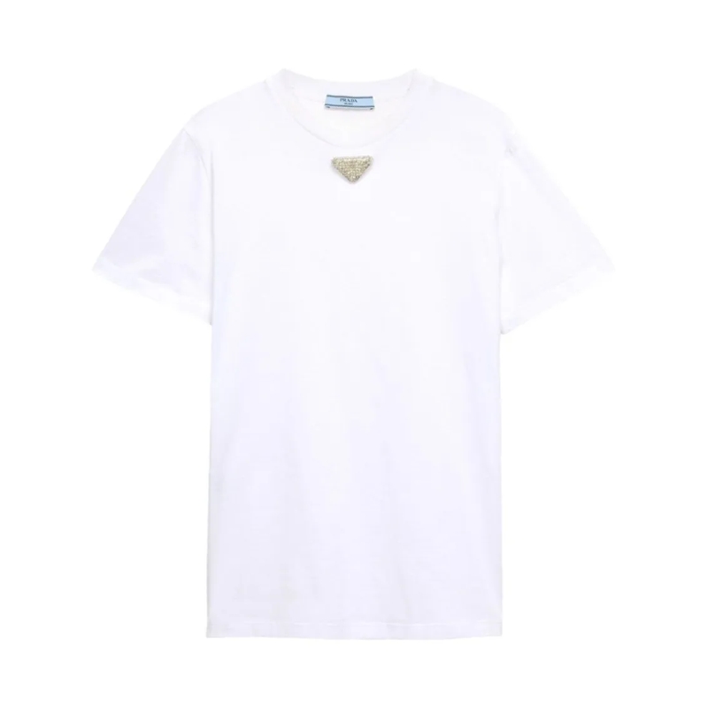 Prada T-shirt Triangle-Embroidered T-Shirt With Rhinestone Detai White