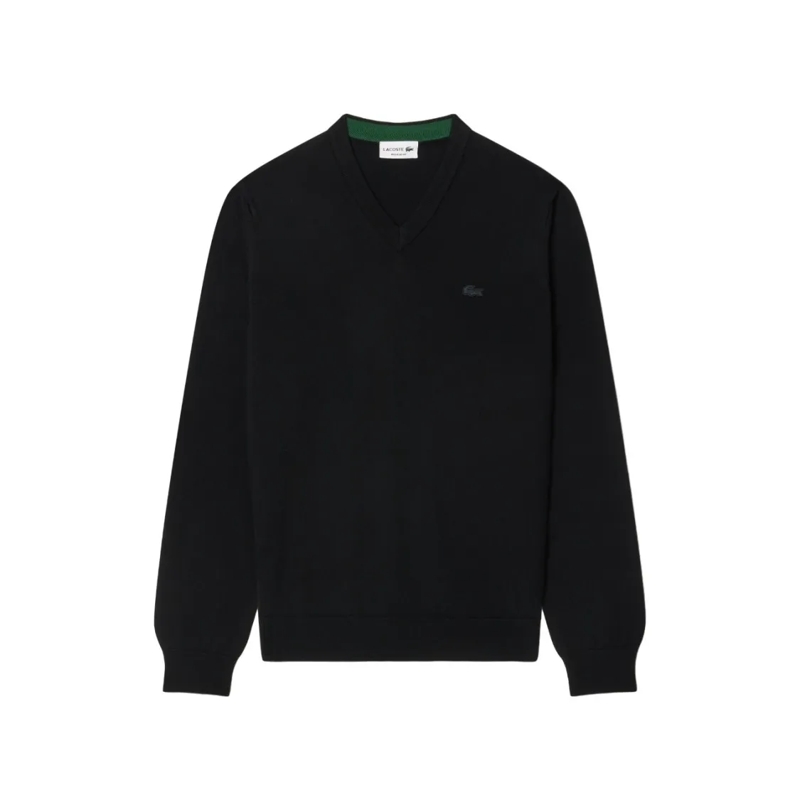 Lacoste Pull Merino Wool Pullover With Ribbed V-Neck And Embroi Black