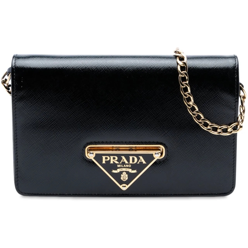 Prada Sac à bandoulière Saffiano Vernice Flip Lock Wallet on Chain Clutch schwarz