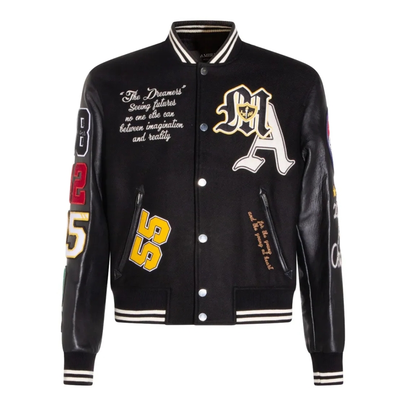 Amiri Bomberjacke Varsity-Inspired Black Wool Jacket With Leather Sl Black