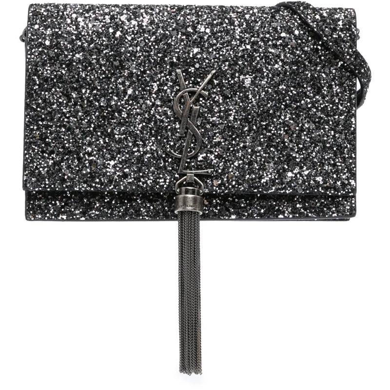 Saint Laurent Clutch Metallic Glitter Monogram Kate Tassel Chain Wallet schwarz
