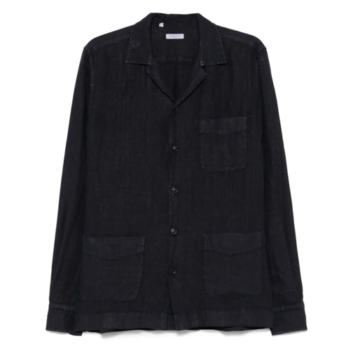 Boglioli Chemises Relaxed-Fit Navy Blue Overshirt With Camp Collar Black