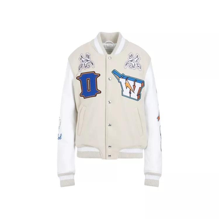 Off-White - Beige Leather Thunderbolt Varsity Bomber Jacket - Größe 40 -