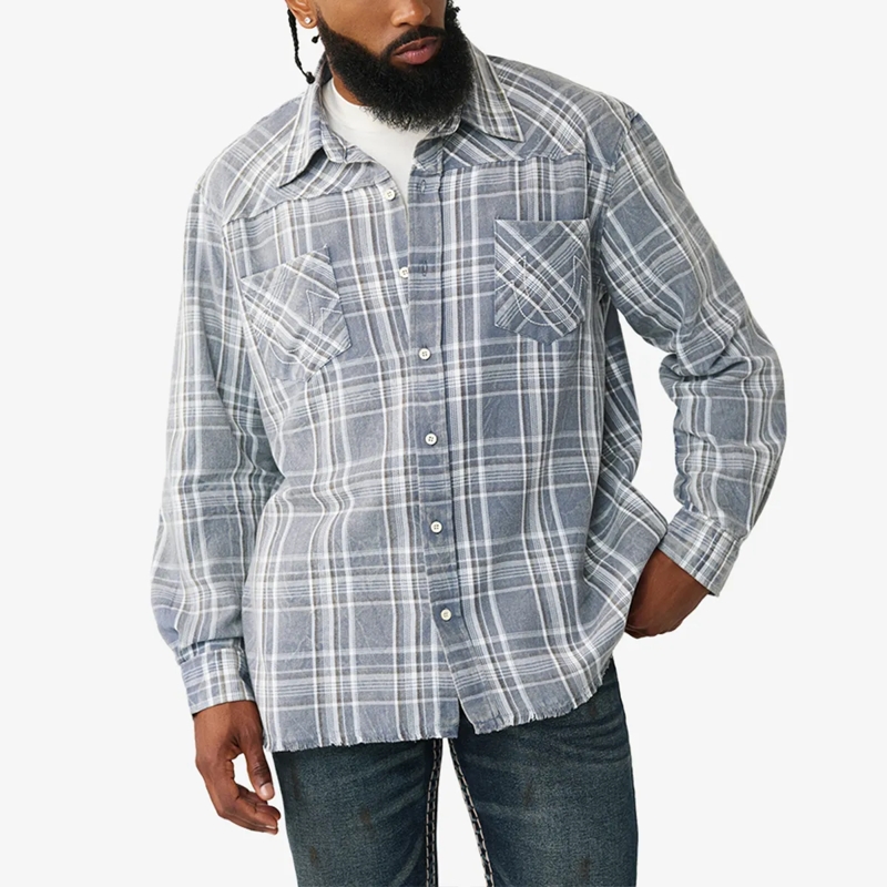 True Religion Hemd - Flanellhemd- Lässiger Schnitt- Knopfleiste- G blau(Image 6)
