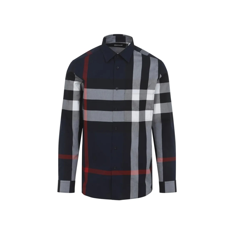 Burberry Overhemd Navy Blue Cotton Shirt With Iconic Check Pattern Blue