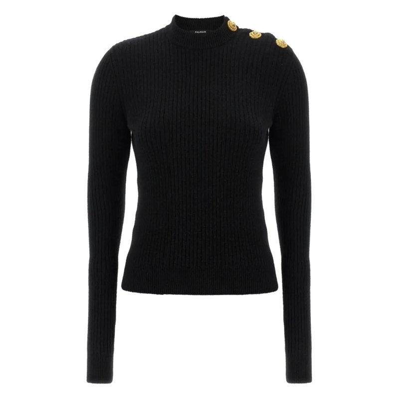 Balmain Trui Ribbed-Knit Sweater With Lion-Head Button Detailin Black