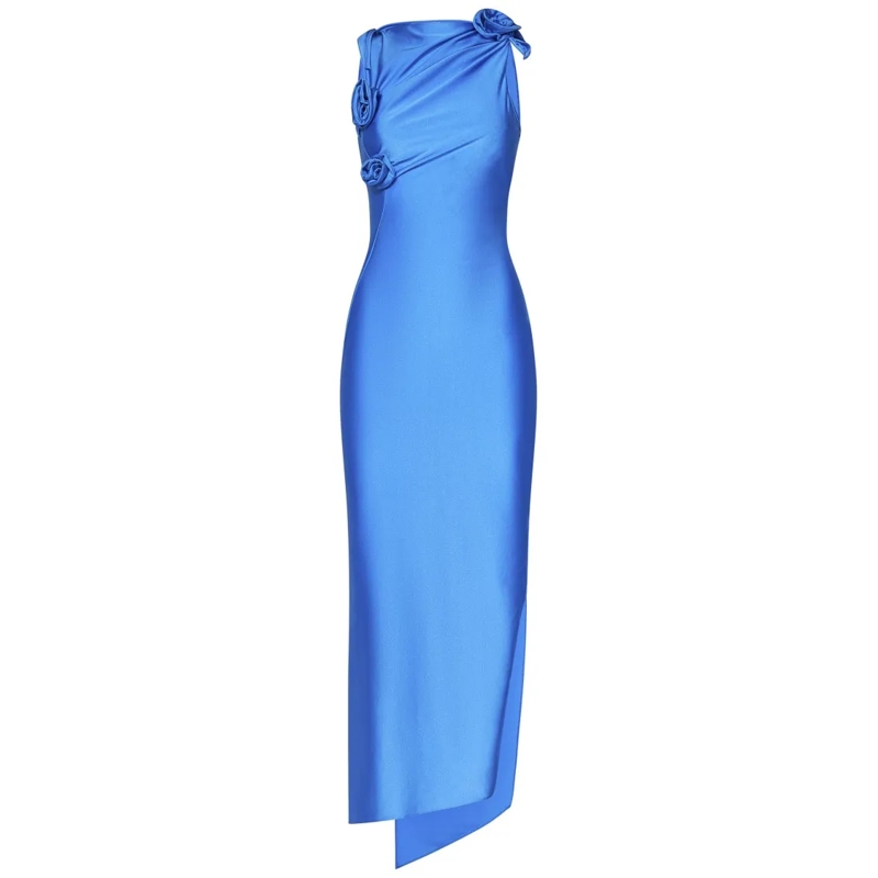 Coperni Abendkleid Long Dress With Knotted Fabric Flowers Blue