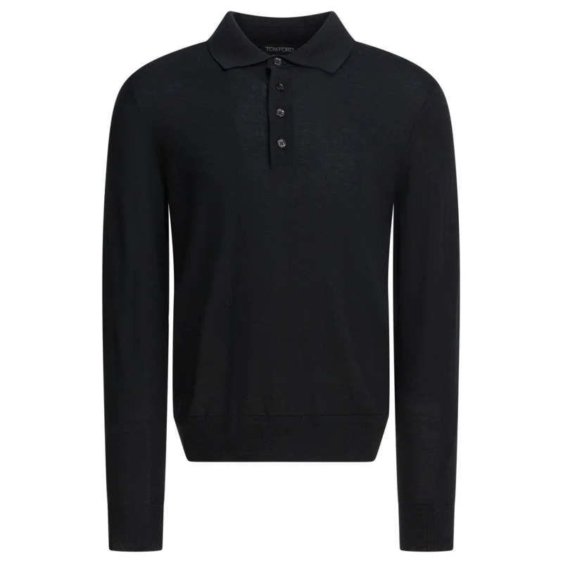 Tom Ford Langärmeliges Oberteil Long-Sleeved Polo Shirt With Classic Button-Down C Black