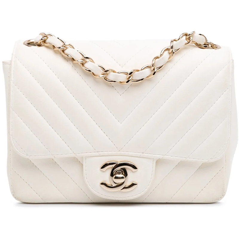 Chanel Sac à bandoulière Mini Square Classic Chevron Lambskin Single Flap weiß