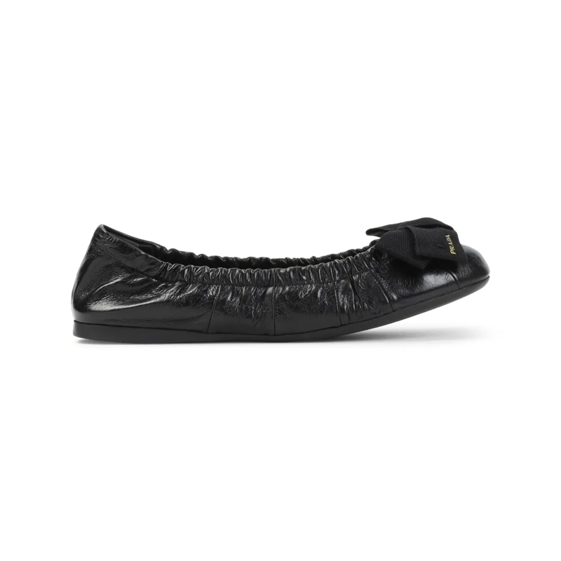 Prada Ballerinas Gathered Black Calf Leather Ballerina Flats Black