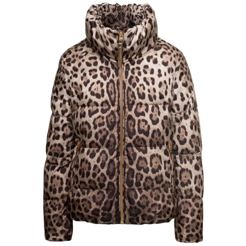Dolce&Gabbana Brown Down Jacket With High-Neck With All-Over Leo Brown Vestes en duvet