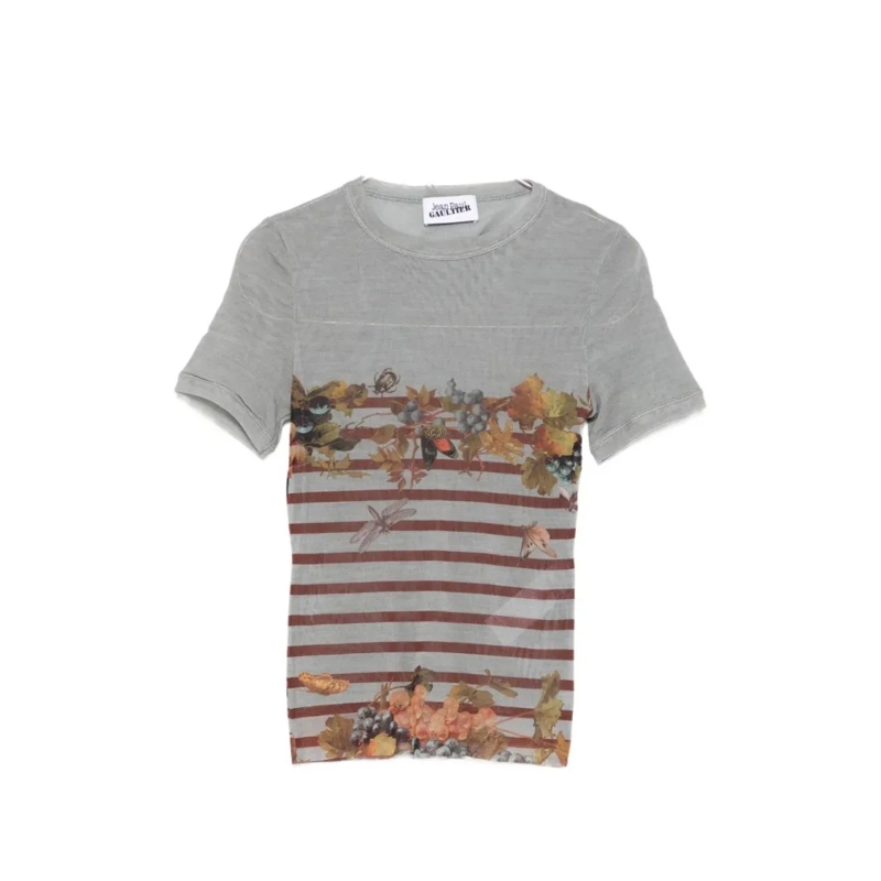 Jean Paul Gaultier T-Shirt Short-Sleeve Fitted Top With Floral Motif And Stri Grey