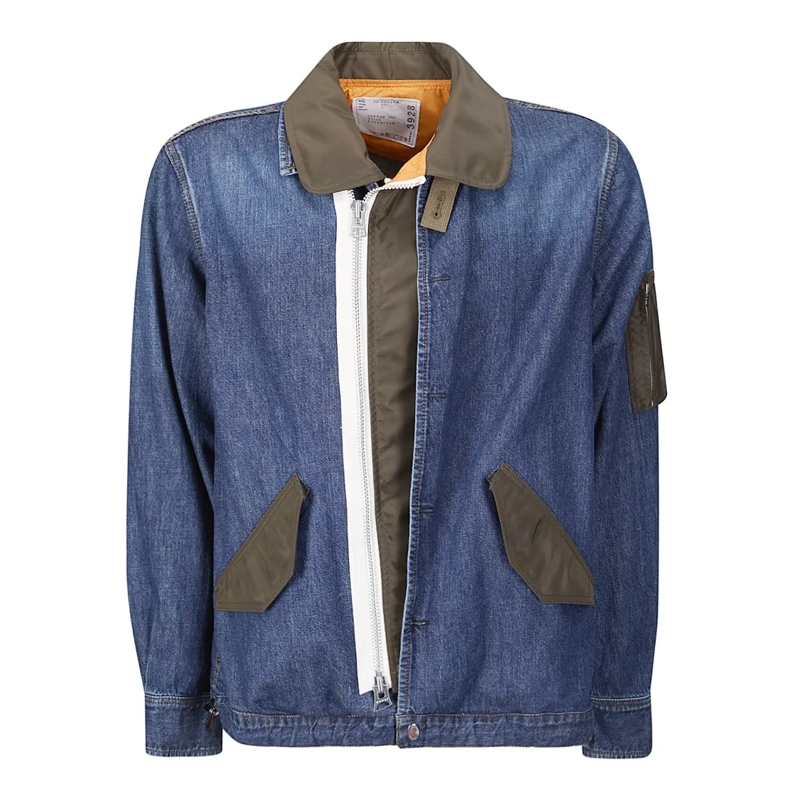 Sacai Jeansjacke Denim And Nylon Twill Blouson With Structured Silh Blue