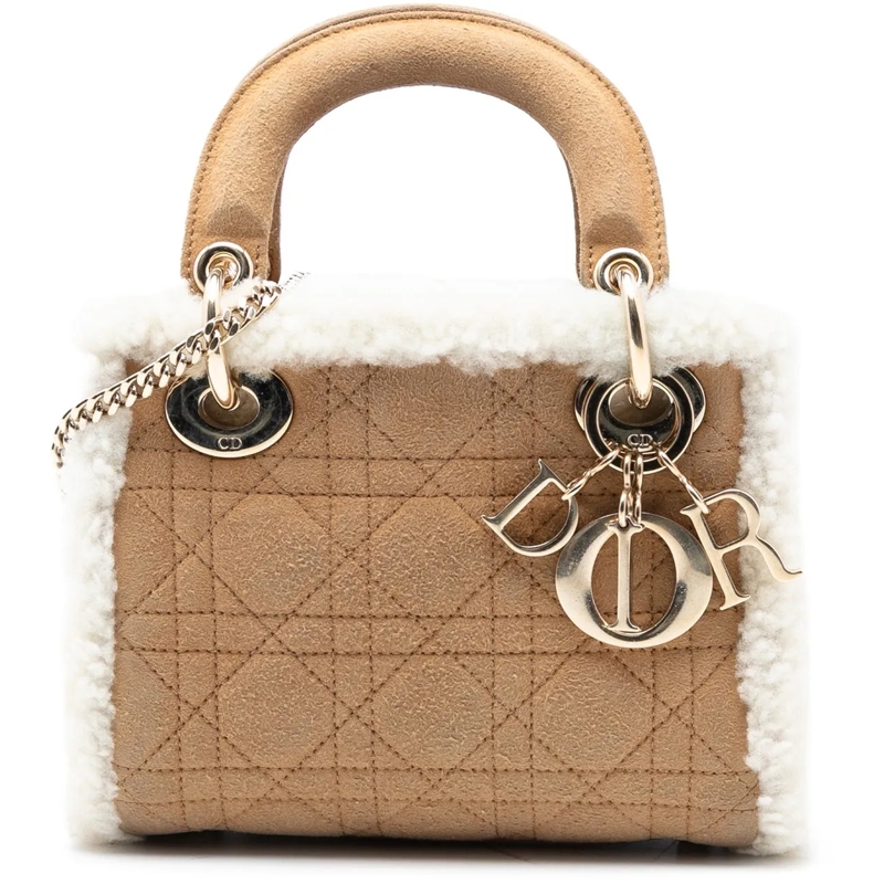 Christian Dior Schultertasche Mini Suede Cannage with Shearling Trim Lady Dior braun