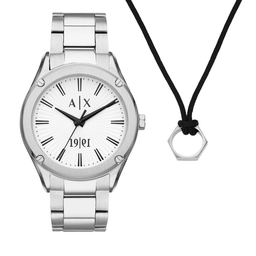 Armani Exchange Three-Hand Stainless Steel Watch and Necklace Gift Silver Orologio al quarzo