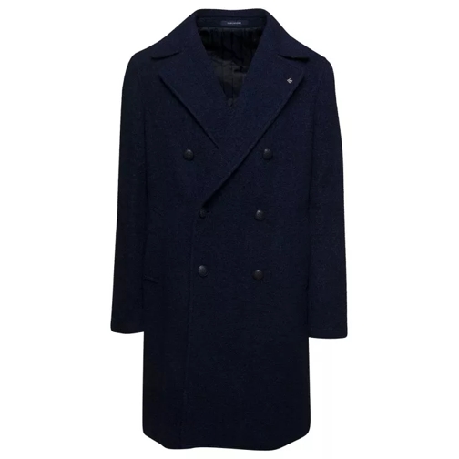 Tagliatore Blue Double-Breasted Coat With Logo Charm In Boucl Blue 