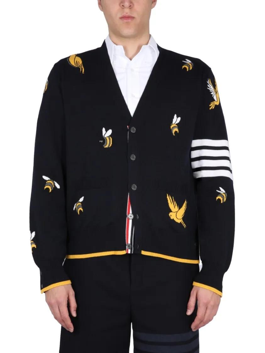 Thumbnail - Thom Browne - Cardigan With Birds And Bees Inlays - Größe 4 - blau