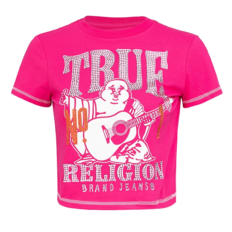 True Religion T-Shirt T-Shirt BUDDHA- Buddha-Print- Ziersteine auf Fr pink