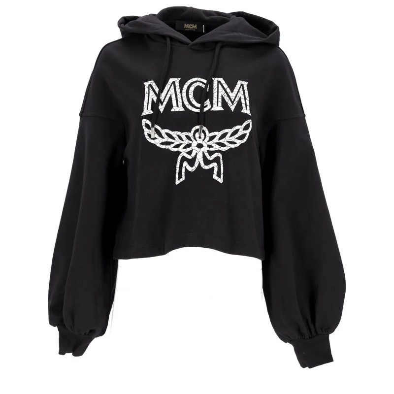 MCM  Cropped Black Oversized Hoodie With Iconic Logo Pr Black