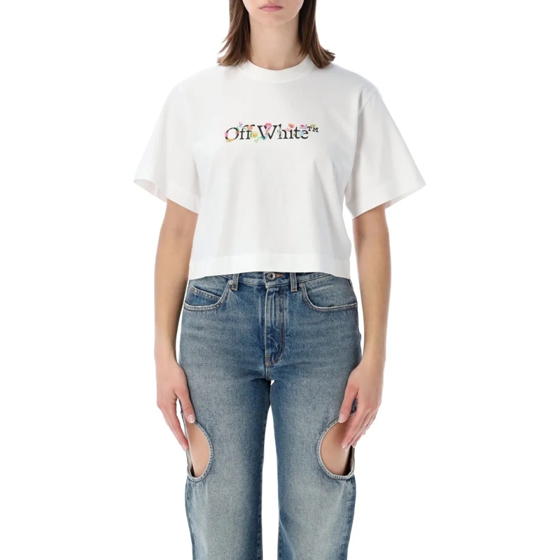 Off-White T-shirt Flower-Embellished Cropped T-Shirt White
