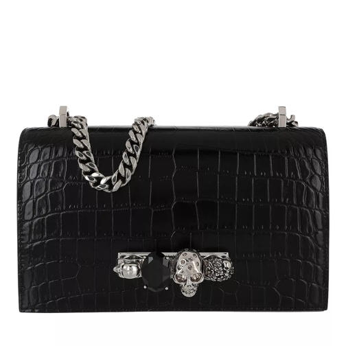 Alexander McQueen Jewelled Satchel Bag Embossed Croc Leather Black Satchel