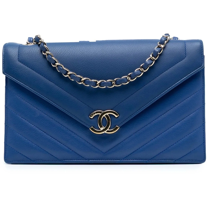 Chanel Schultertasche Medium CC Chevron Calfskin Envelope Flap blau