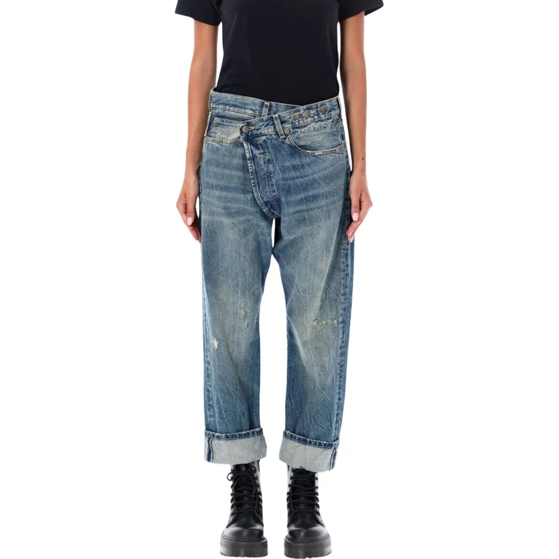 R13 Jeans Crossover Waist Distressed Jeans Blue