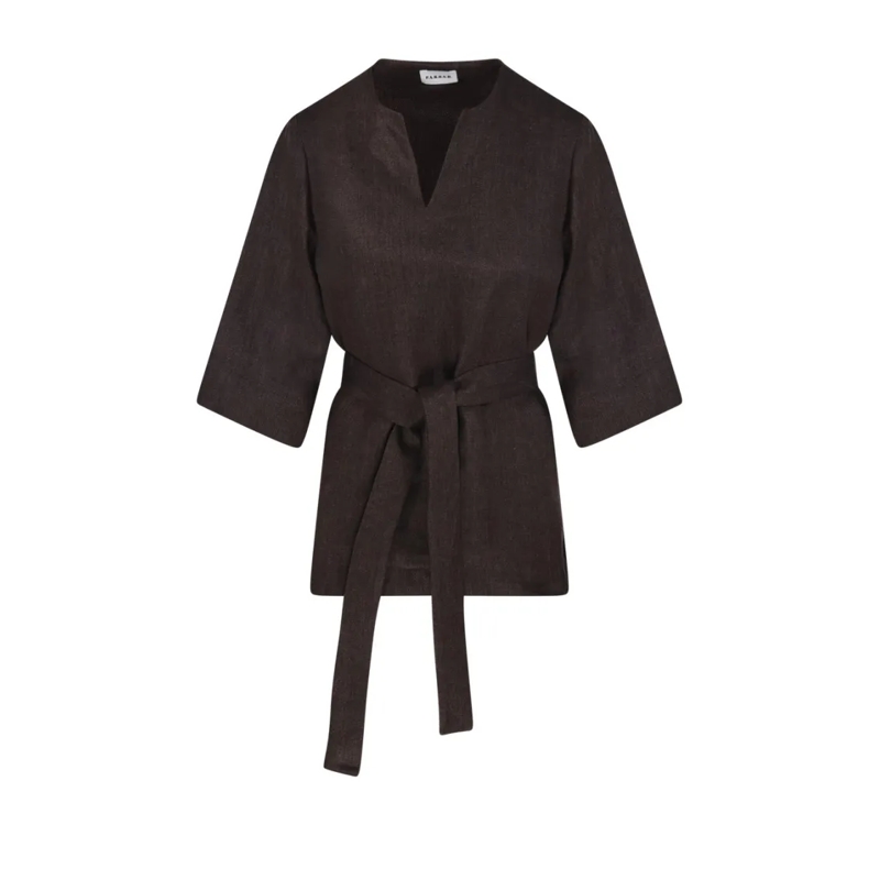 P.A.R.O.S.H. Chemisier Relaxed Fit Linen Blouse With V-Neckline Brown