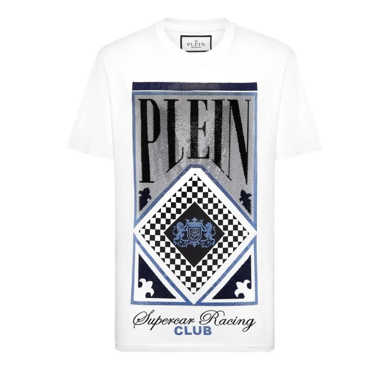 Philipp Plein T-Shirt T-Shirt Racing Mit Schmucksteinen weiss