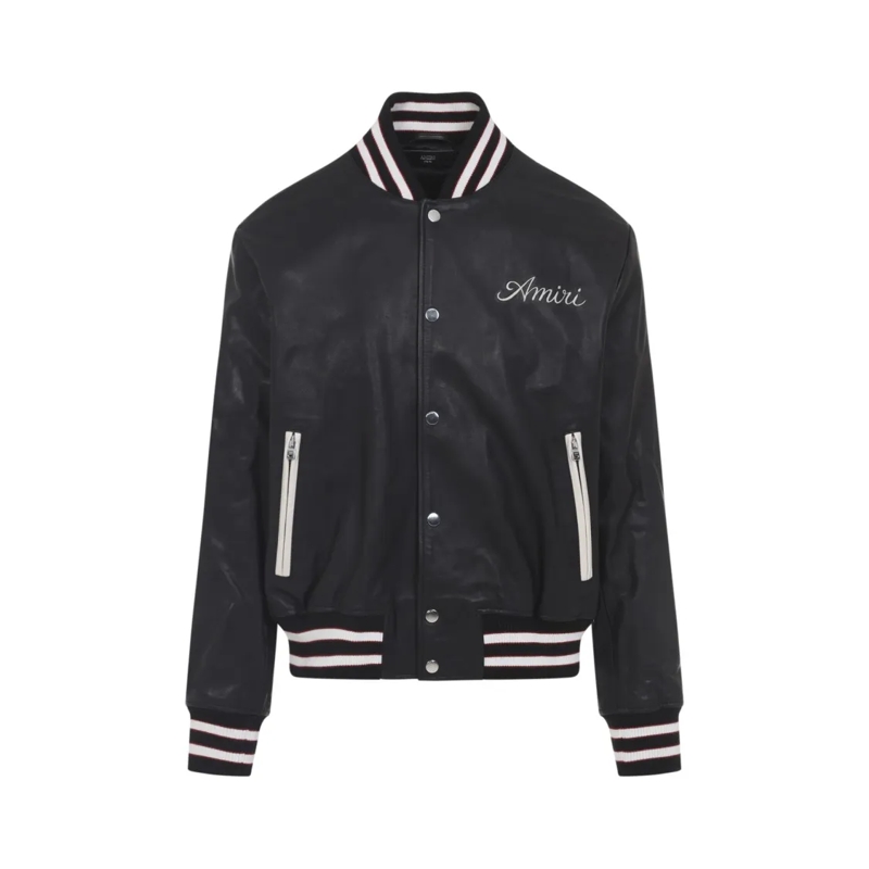 Amiri Bomberjacke Black Leather Varsity Jacket With Contrasting Deta Black