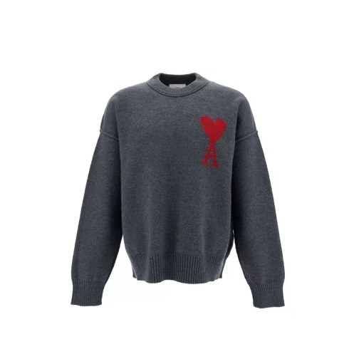 AMI Paris Grey Crewneck Sweatshirt With Red Adc Embroidery I Grey 