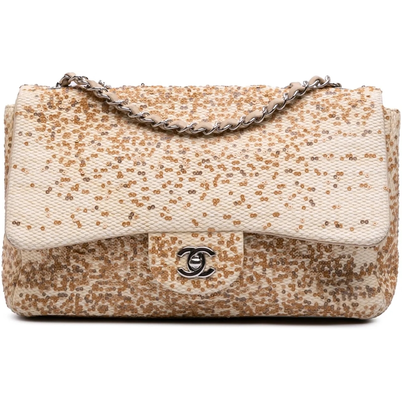 Chanel Sac à bandoulière Jumbo Raffia Sequin Single Flap braun