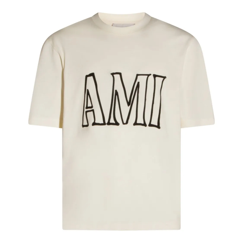 AMI Paris T-Shirt Off White Cotton T-Shirt With Double Logo Neutrals