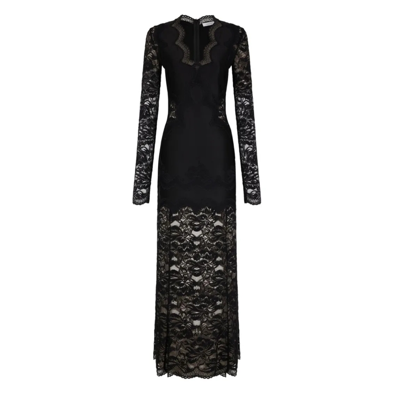 Paco Rabanne Midi-jurk Lace-Panel Midi Dress With Scalloped V-Neckline Black